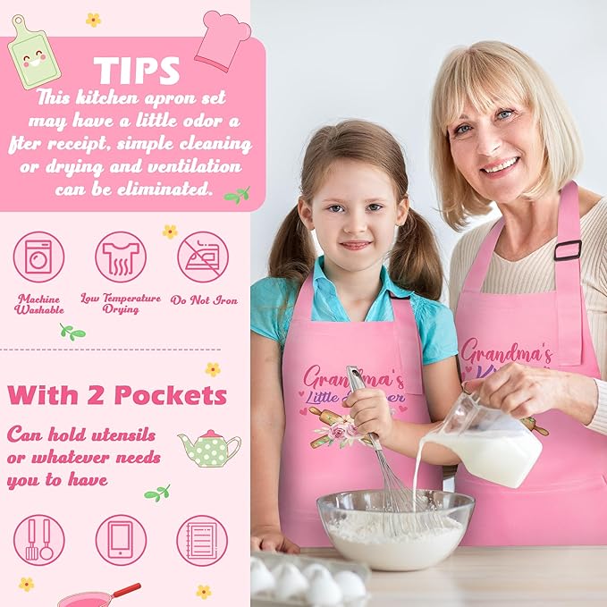R HORSE 2Pcs Adults Kids Matching Apron Set Grandma and Me Adjustable Kitchen Apron with 2 Pockets Matching Gift for Grandma and Granddaughter Cooking Baking Painting Training Back to School Gifts