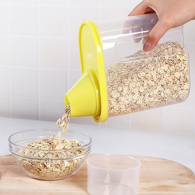 Basicwise 1.9 Liters Set of 3 Small Airtight Food Storage Containers with Pouring Spout and Measuring Cup Lid for Flour Sugar Cereal Rice Pantry Staples & Baking Ingredients in Green Pink and Yellow