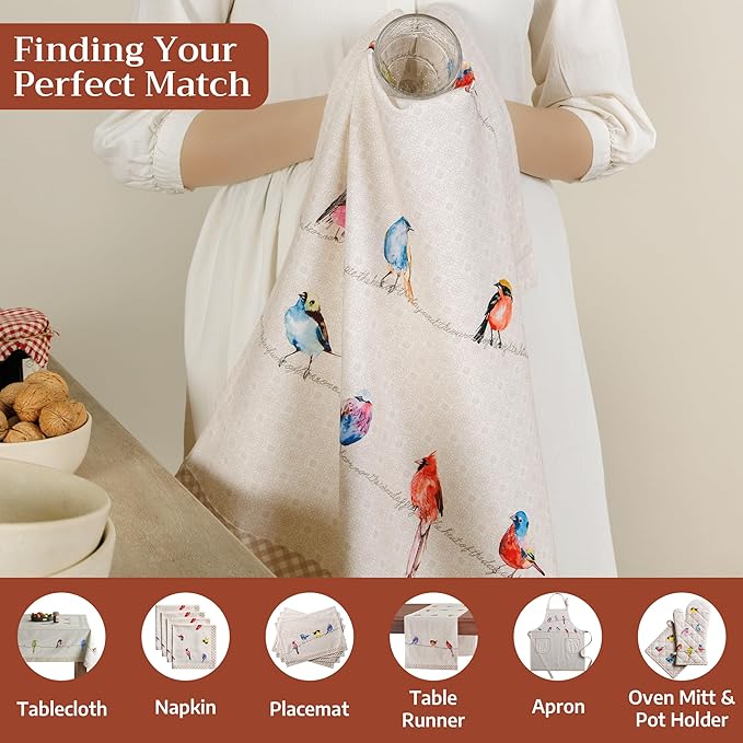 Maison d' Hermine Kitchen Towels Set of 2 100% Cotton 27.50" x 20" Reusable Cloth Tea Dish Towels Absorbent with Hanging Loop for Kitchen, Dining, Cocktail Parties Spring/Summer (Birdies on Wire)