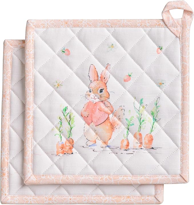 Maison d' Hermine Pot Holders 100% Cotton Heat Resistant Potholders 8" x 8" Hot Pads with Loop BBQ Cooking Baking Gifts for Mothers Day Handling Hot Pans Spring/Summer (Pack of 2, Bunny Party)