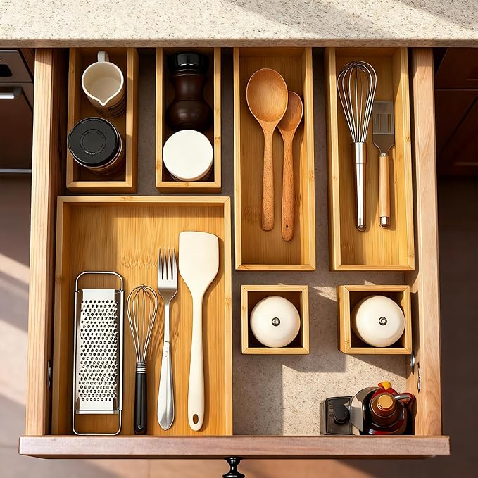 Bamboo Drawer Organizer Boxes - Set of 7 Wooden Drawer Organizers for Kitchen, Bathroom, Office, Desk, Vanity, Makeup - Non-Slip Junk Drawer Organizer Trays for Storage and Organization