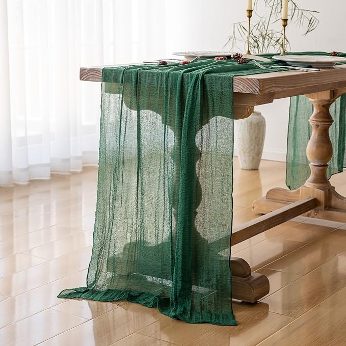 Keketoarrange 6pcs Emerald Green Table Runner Cheesecloth Gauze 120 Inch 10 FT Rustic Boho Cheese Cloth Table Decor for Wedding Baby Bridal Shower Party Long Sheer Vintage Spring Home Decorations