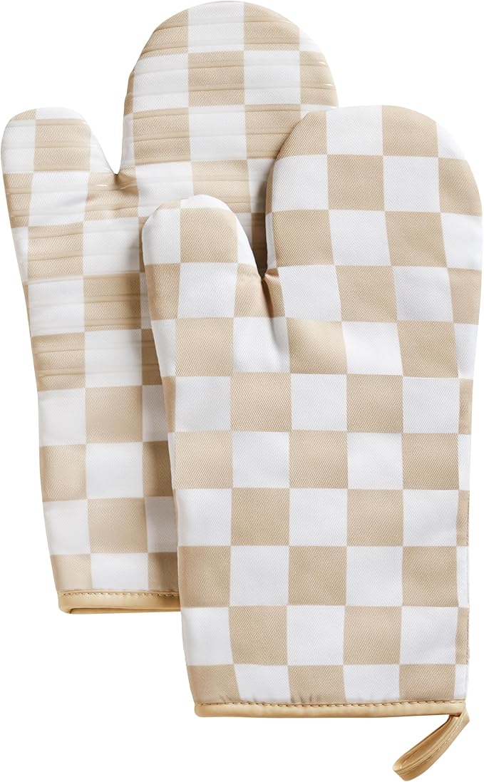 Ohocut Beige Checkered Oven Mitts Heat Resistant, Vintage Retro Checkerboard Cute Oven Mitts, Non-Slip Silicone Kitchen Oven Gloves 1 Pair 7''x13''