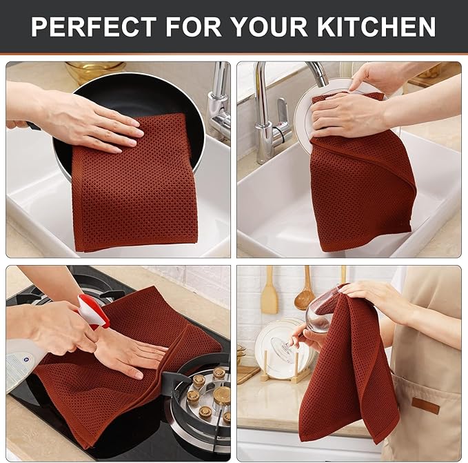 Kitinjoy 100% Cotton Waffle Weave Kitchen Hand Towels (13 X 28 Inches, Rust), 4-Pack Super Soft and Absorbent Dish Towel for Drying Dishes