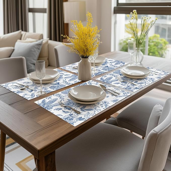 Artoid Mode Blue Floral Brids Spring Vinyl Placemats Set of 4, Washable Heat Resistant Non-Slip Woven Plastic PVC Place Mats for Farmhouse Holiday Party Dining Table Decor