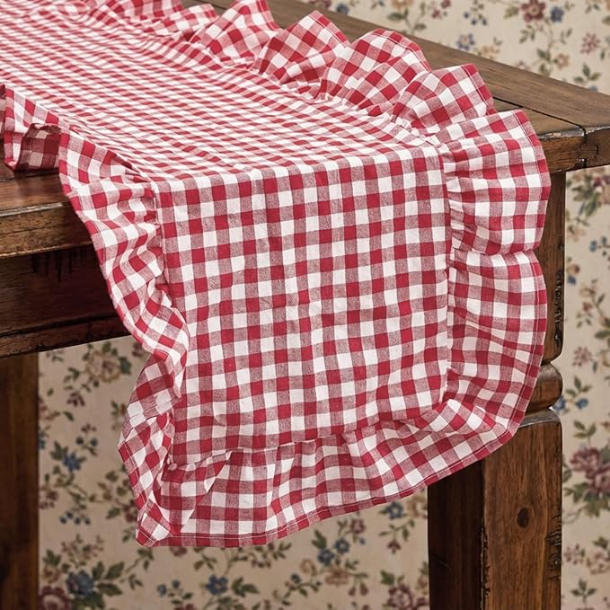 HunnmingRe 1 Pcs Red Plaid Gingham Ruffle Table Runner 118 x 13.8'' Farmhouse Table Runner 100% Cotton Scalloped Long Dresser Scarves for Dining Room, Wedding, Kitchen Rustic Home Decor