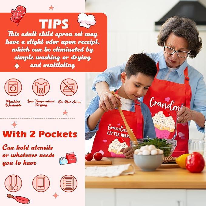 R HORSE 2Pcs Adults Kids Matching Apron Set Grandma and Me Adjustable Kitchen Apron with 2 Pockets Matching Gift for Grandma and Granddaughter Cooking Baking Painting Training Back to School Gifts