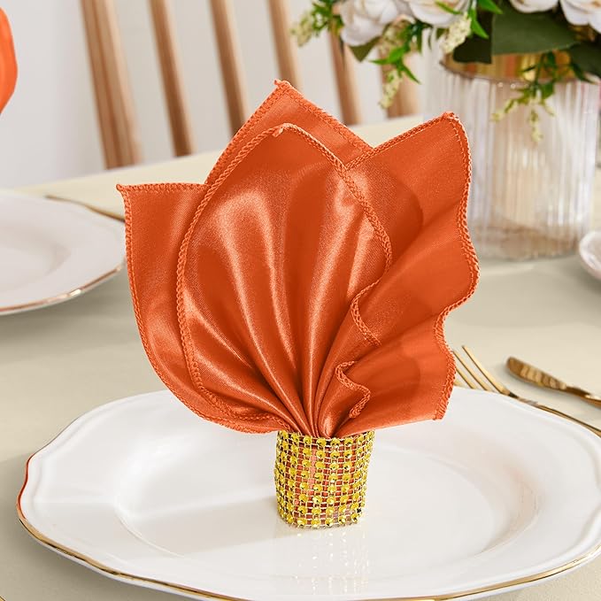 RUDONG M 100 Pcs Orange Satin Napkins and Napkin Rings Set, 17 x 17 Inch Square Cloth Napkins Set of 50, Silky Soft Table Napkins Bulk for Weddings, Banquet, Parties Dinner Decoration