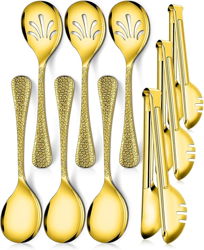 Teivio Hammered Stainless Steel Metal Serving Utensils Set of 9, 10" Serving Spoons, 10" Slotted Spoons, 9" Serving Tongs, Large Hostess Serving Set for Parties Chafing Dish Buffet Catering (Gold)
