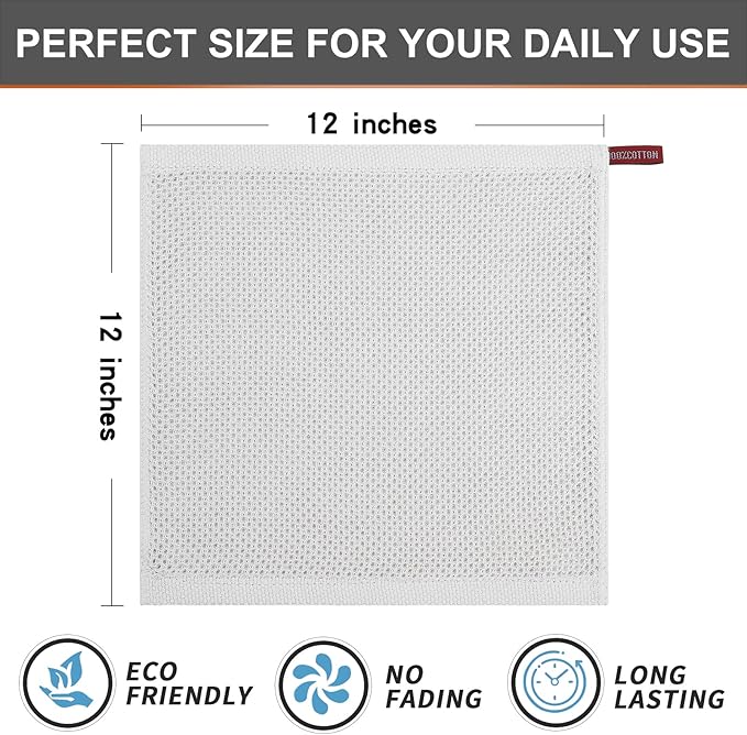 Kitinjoy 100% Cotton Kitchen Dish Cloths (12 X 12 Inches, Light Grey), 6 Pack Waffle Weave Ultra Soft Absorbent Dish Towels for Drying Dishes Quick Drying Kitchen Towels Dish Rags