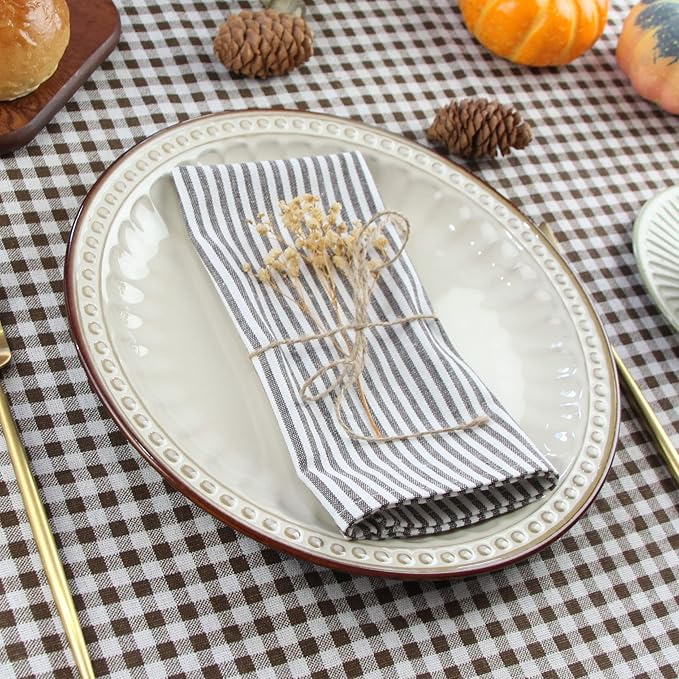 Plain Striped Cotton Linen Blended Dinner Cloth Napkins - Set of 12 (40 x 30 cm) - for Events & Home Use (Brown)