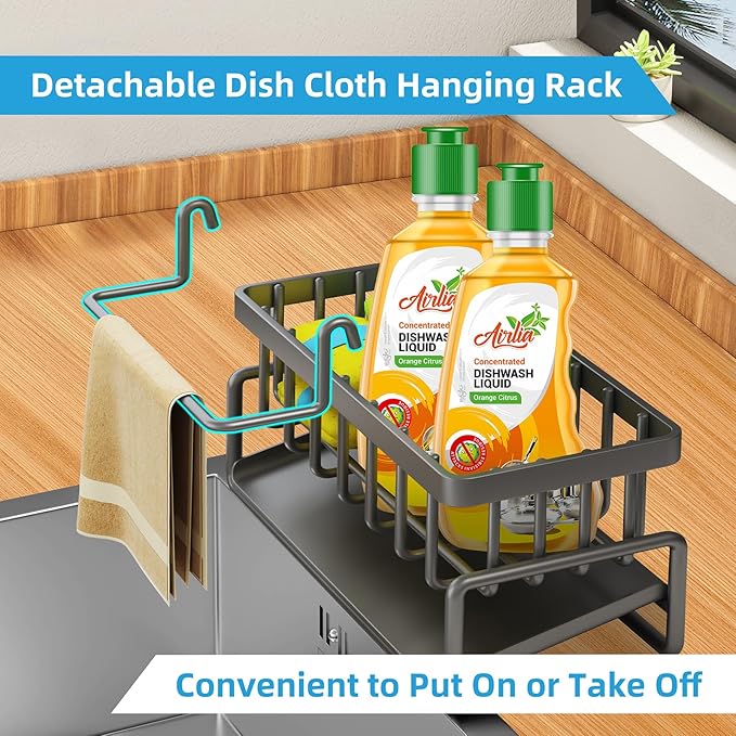 Sponge Holder for Kitchen Sink, Self-Drainage Kitchen Sink Caddy, Rustproof Steel Dish Sponge Organizer with Removable Dishcloth Rack, Soap Dispenser Brush Holder Storage for Bathroom, Black
