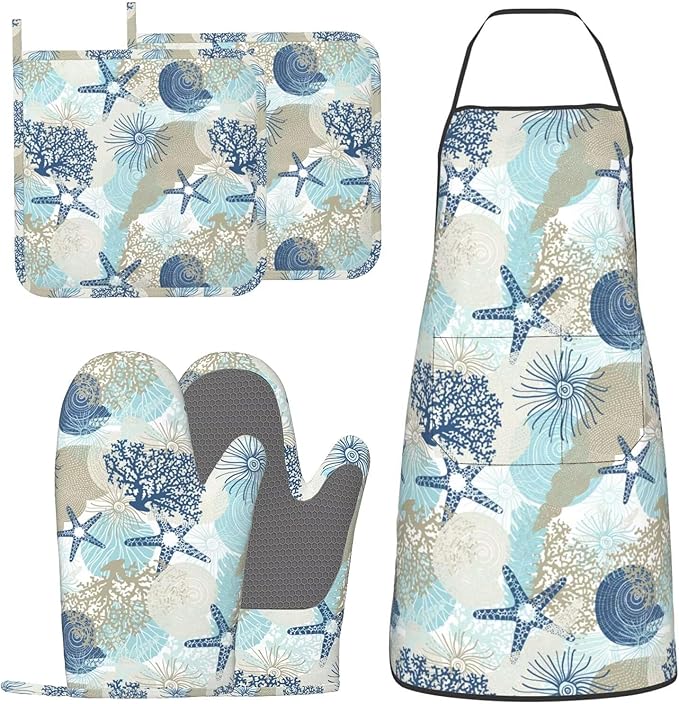 Nautical Coastal Oven Mitts Pot Holders Cooking Apron Set of 5 Silicone Starfish Seashell Coral Algae Beach Themed Blue Kitchen Glove Apron Non-Slip Heat Resistant for Chef Baking Cooking