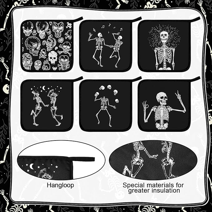 Bencailor 12 Pcs Pot Holders with Pocket Kitchen Hot Potholders Hot Pad Oven Mitts Cookie Bag Oven Gloves for Kitchen Gift Baking Cooking (Black,Skull 2)