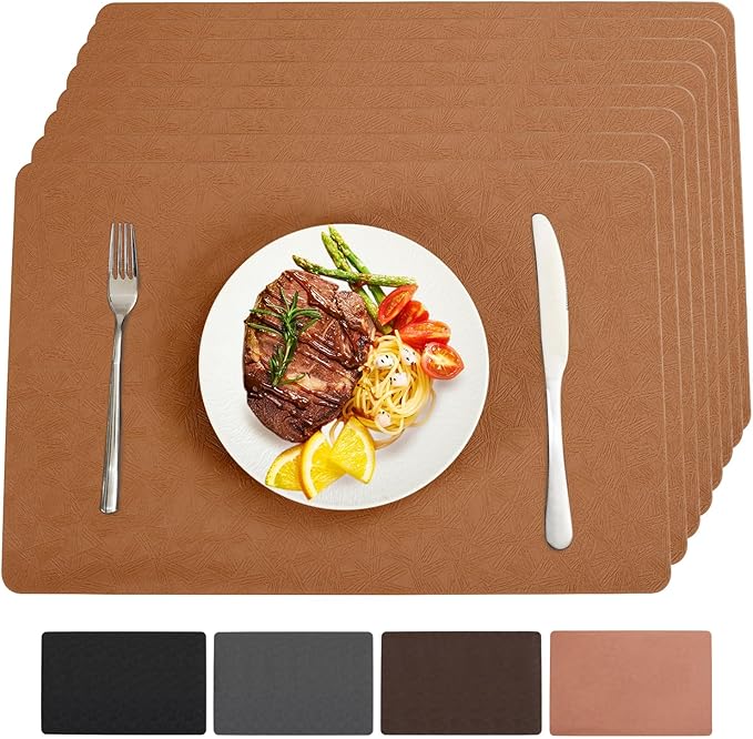 Vinyl Placemats Set of 12 Heat Resistant Easy Clean Non-Slip Place Mats for Dining Table Faux Leather Waterproof Stain Resistant Wipeable Washable PVC Table Mats(12, Light Brown)