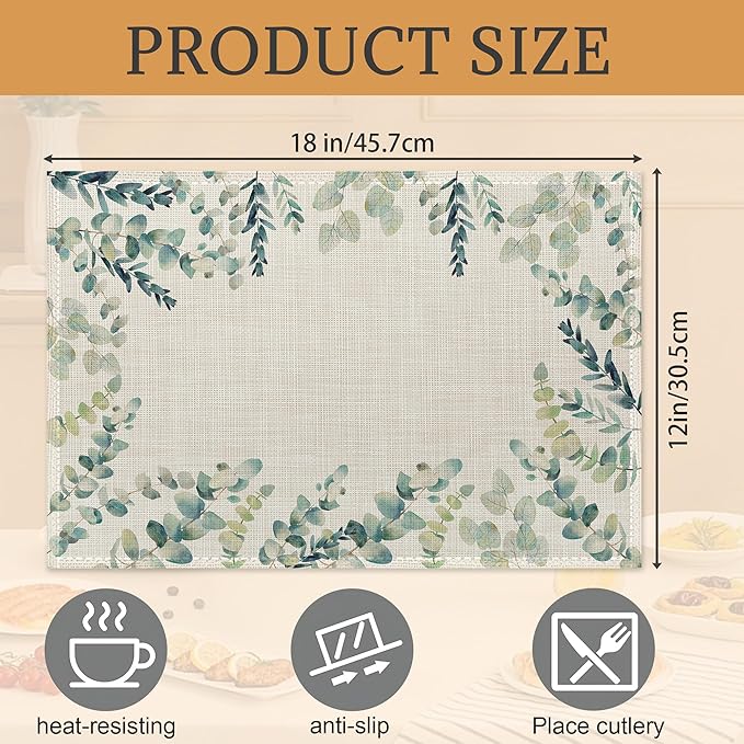 Green Floral Placemats Set of 6 - Botanical Sage Green Table Mats, Washable Heat Resistant for Kitchen Dining, Indoor Home Decor