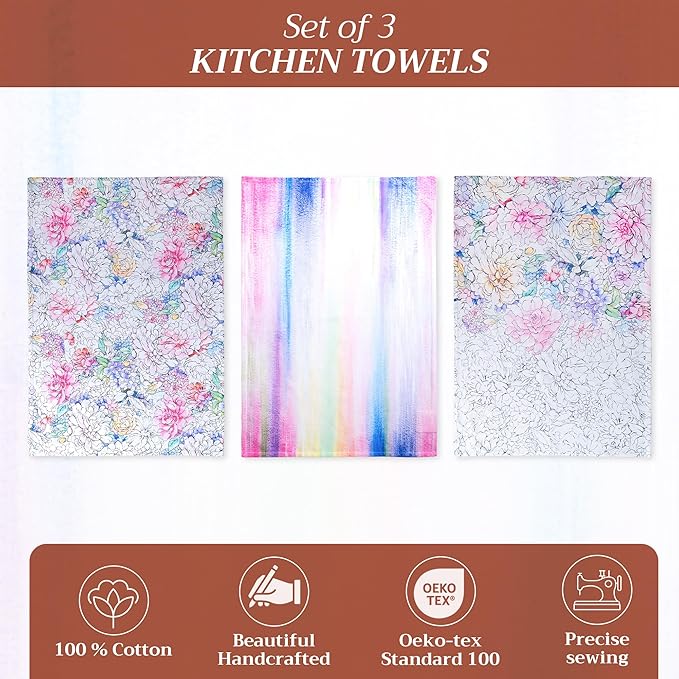 Maison d' Hermine Kitchen Towels Set of 3 100% Cotton 27.50" x 20" Reusable Cloth Tea Dish Towels Absorbent with Hanging Loop for Kitchen Gifts for Mothers Day Spring/Summer (Floral Love)