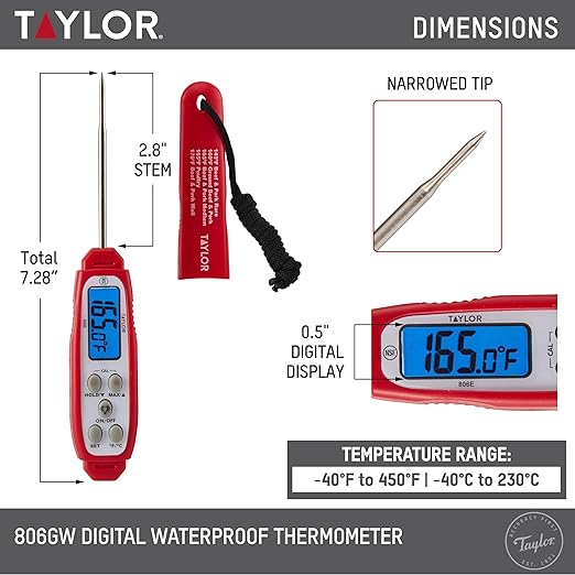 Taylor Digital Instant Read Meat Thermometer for GLP-1 High Protein Meal Prep – Waterproof Kitchen Probe for Chicken, Steak, Lean Cuts, Grill, BBQ – Fast Temperature Check, Blue Backlight Display, Red