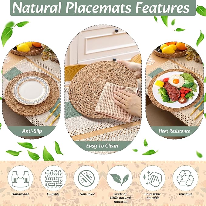 Boho Placemats 4/6/8 Set of Round Woven Placemat Macrame Style Bicolor Stitching Long Table Runner Farmhouse Rustic Natural Burlap Cotton for Kitchen Dining Table(4 Sets,Green,12x72)