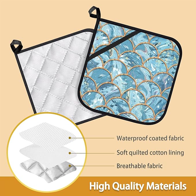 Mermaid Fish Scales Marble Pot Holder Set of 2,Heat Resistant Potholders Oven Hot Pads for Kitchen Cooking Baking BBQ