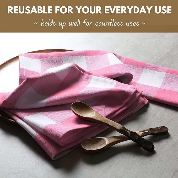Native Fab Pink Buffalo Check Easter Napkins - Set of 4 (16x16) 100% Cotton, Gingham Checked Everyday Napkin - Soft, Absorbent, Washable Reusable Spring Table Linens for Family Dinner, Pastel Pink
