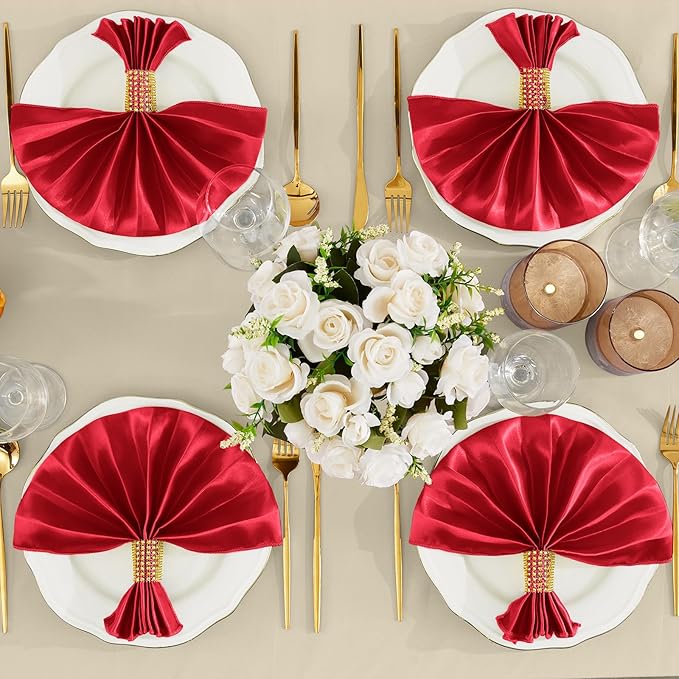 RUDONG M 100 Pcs Red Satin Napkins and Napkin Rings Set, 17 x 17 Inch Square Cloth Napkins Set of 50, Silky Soft Table Napkins Bulk for Weddings, Banquet, Parties Dinner Decoration