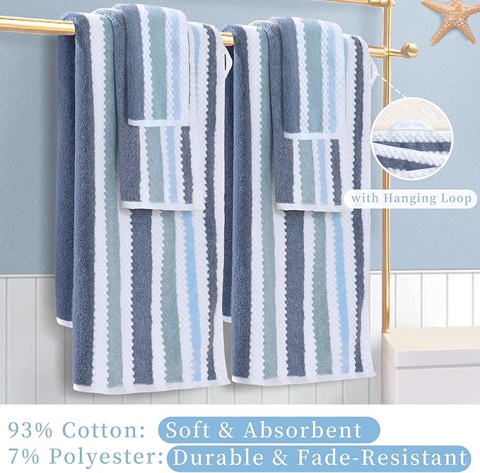 Waffle Towels for Bathroom-Quick Dry | Thick | Lightweight | 540GSM,Large Bath 30"x56", Hand 16"x27",Wash Cloths 13"x13",Cotton Polyester Blend Towels with Hanging Loops,Blue Gray Stripe and White