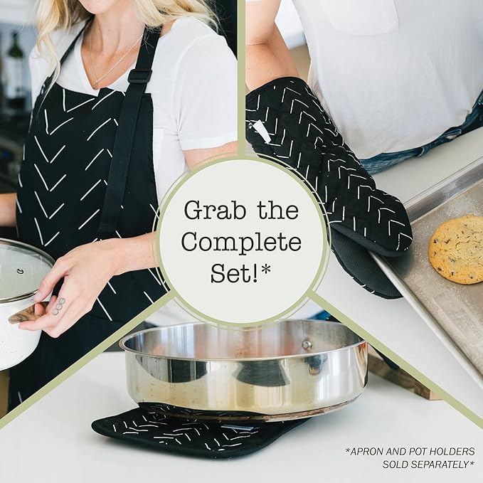 Heat Resistant Designer Kitchen Oven Mitts with Neoprene Non-Slip Grips and Hanging Loops | Set of 2 100% Cotton Long Sleeve Kitchen Oven Mitts | 5.5" x 12" | Black