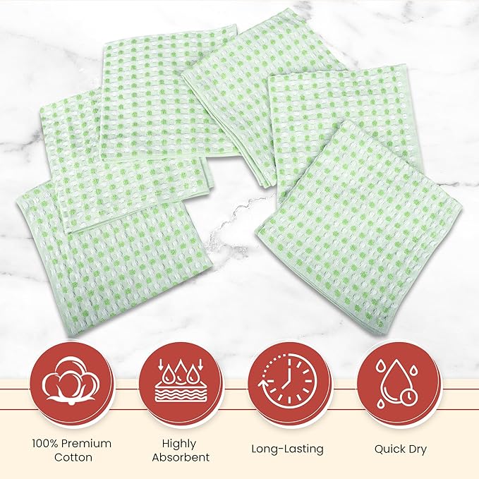 Vintage Vista 100% Cotton Dish Cloths (Pack of 6) - Dish Rags for Washing Dishes - Reusable & Highly Absorbent Kitchen Towels - Kitchen Rags fo Easter - (12" x 12" - Green Honeycomb)