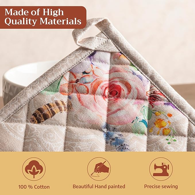 Maison d' Hermine Pot Holders 100% Cotton Heat Resistant Potholders 8" x 8" Hot Pads with Loop BBQ Cooking Baking Gifts for Mothers Day Handling Hot Pans Spring/Summer (Pack of 2, Ibiza - Beige)