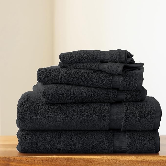 SALBAKOS 100% Turkish Cotton 6-Piece Towel Set | Premium Quality Hotel & Spa Collection | Soft, Super Absorbent 2 Washcloth, 2 Hand, 2 Bath Towels Sets | Made in Turkey (Black, 6 Pieces Towel Set)