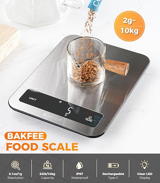 100% Waterproof Food Scale, IP67 Digital Kitchen Scale, Rechargeable (USB-C), 1g/0.1oz Precision, 22lb Capacity, Stainless Steel & Tempered Glass, Large Wide-View Display, Tare, 6 Units, Grey