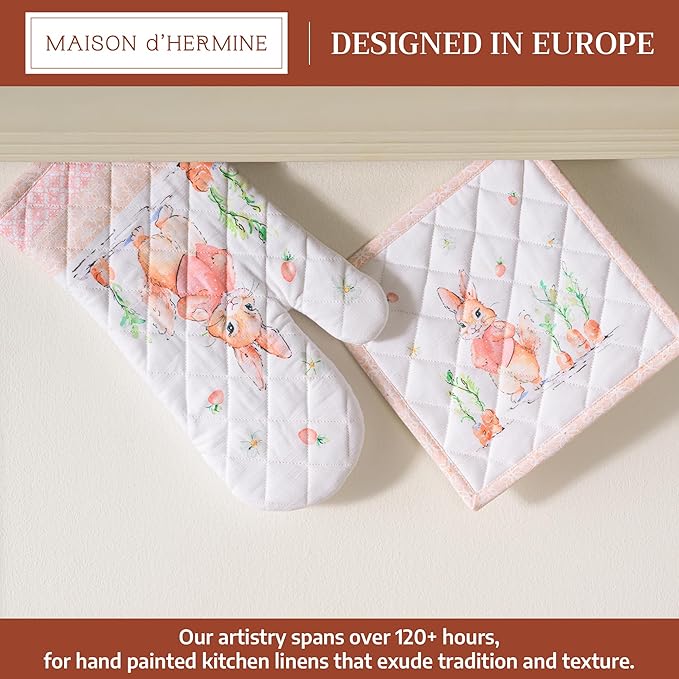 Maison d' Hermine 100% Cotton Oven Mitt & Pot Holder Set (7.5"x13" & 8"x8") Heat Resistant BBQ Cooking Gloves with Loop Baking Grilling Kitchen Gifts for Mothers Day Spring/Summer (Bunny Party)