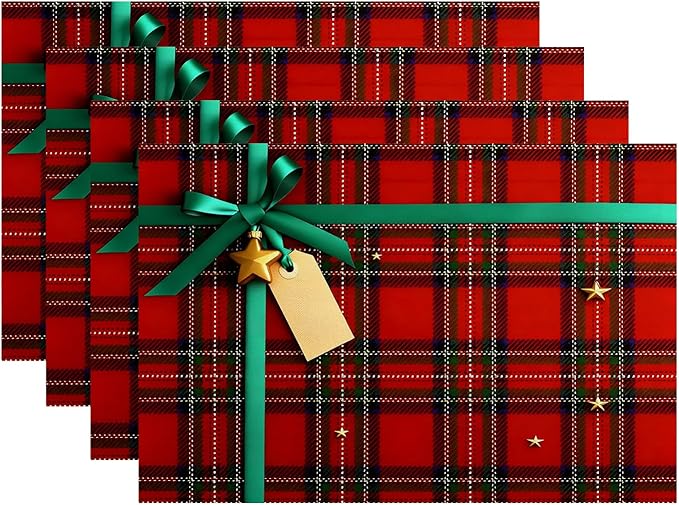 Batmerry Placemats,Bow and Empty Tag On Scottish Plaid Washable Linen Table Mats for Kitchen Table Double Insulation Decor Dining Set Indoor Outdoor 12X18 in Set of 4