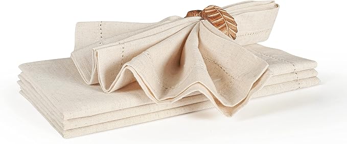 Flax Hemstitchend Cloth Dinner Napkin Set of 4 Natural 20x20 Inches, Decorative Premium Cotton Linen Dinning Table Napkins Ideal for Spring, Easter, Cocktail | Washable Kitchen Napkin for Home Décor