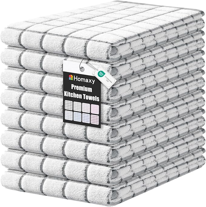 Homaxy Premium Kitchen Towels(16”x 28”, 8 Pack), Large Ring Spun Cotton Dish Towels, Super Absorbent Soft Terry Kitchen Hand Towels, Check Design Tea Towel Set with Hanging Loop, Grey