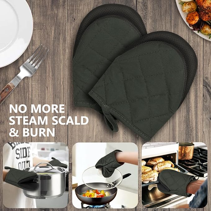Short Oven Mitts, Heat Resistant 500°F, Silicone Grip Kitchen Gloves, Non-Slip for Baking, Grilling, BBQ, Machine Washable with Hanging Loop, 2-Pack Set, Gray