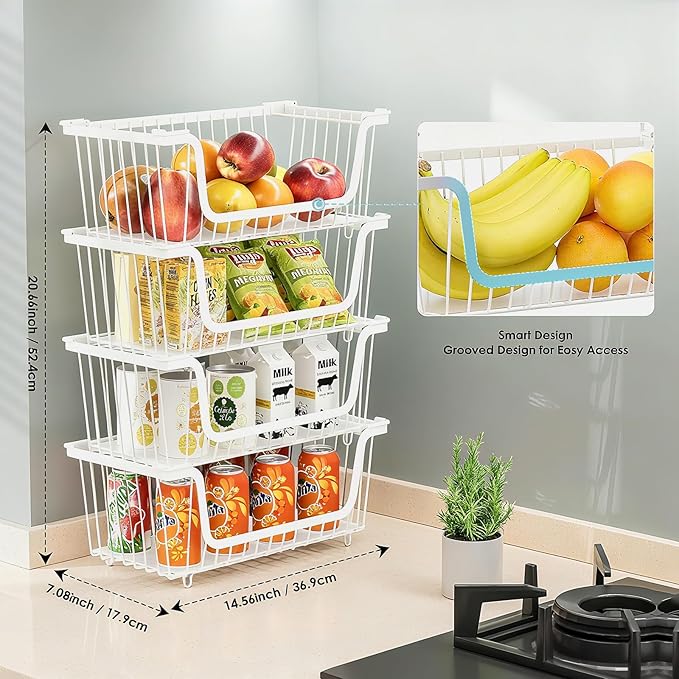 GAOKASE 4 Pcs Stackable Wire Baskets for Pantry Organizers and Storage,Vegetable Fruit Basket for Countertop,Kitchen Storage Metal Baskets,Produce Potato Onion Storage Bin,White