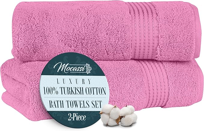 Mocassi Luxury 100% Turkish Cotton 2-Pack Bath Towel Set- Ultra Soft, Quick Dry Highly Absorbent 27 x 54 inch Premium Spa Hotel Quality 2PC Bath Towels - Luxurious Soft Bathroom Towels, Light Pink