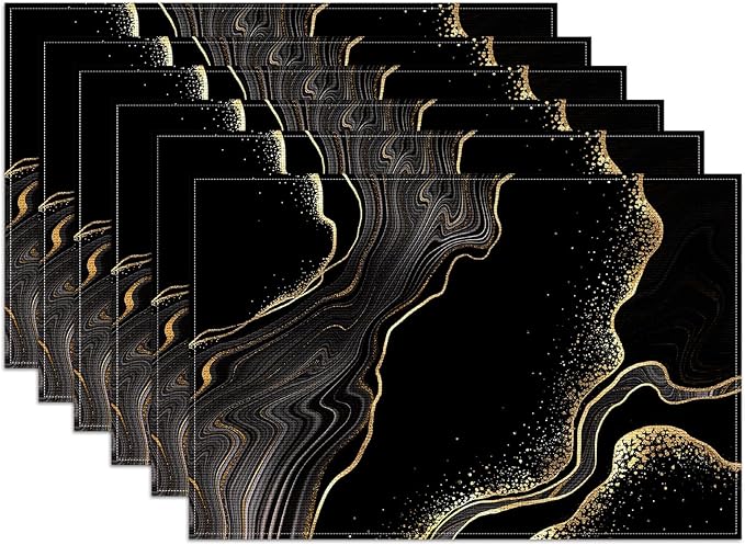 Black Gold Marble Placemats Set of 6,12x18 Inch Linen Place Mat Washable Stain Resistant Table Mats for Spring Summer Seasonal Farmhouse Kitchen Party Home Decor