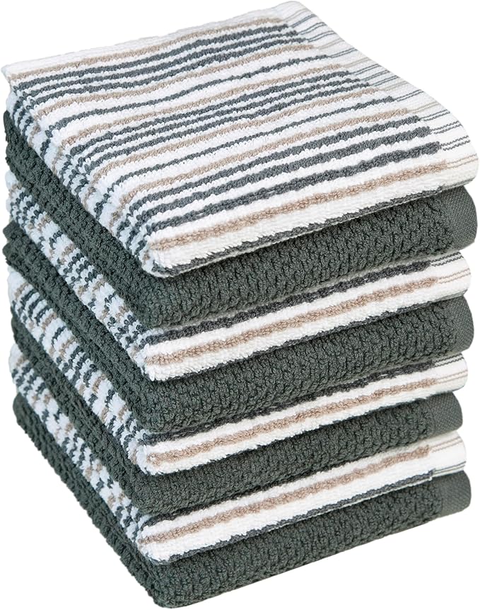 Bumble Towels Premium Dish Cloths 12"x12" | 100% Natural Ring Spun Cotton Tea Towel Set | 430 GSM | Highly Absorbent & Soft | 8 Pack - 4 Popcorn Striped & 4 Solid Kitchen Towels - Gray