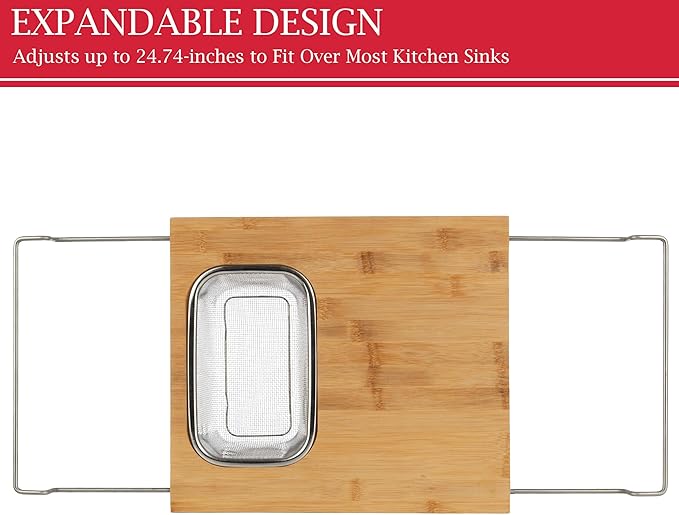Cutting Board with Strainer - 2 in 1 Adjustable Bamboo Chopping Board with Removable Stainless Steel Colander for Over the Sink by Classic Cuisine