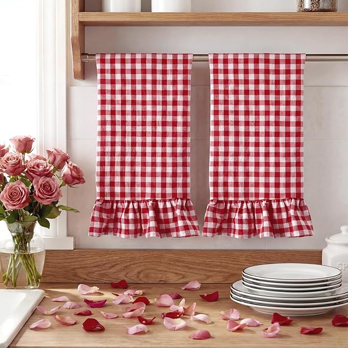 HunnmingRe Red Kitchen Towels Set of 2, 100% Cotton Ruffled Gingham Dish Towels 18"x28" Absorbent Tea Cloths Classic Plaid Pattern for Farmhouse Charm, Drying Dishes, Entertaining Guests