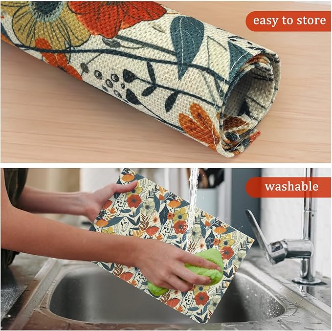 comfoyar Boho Colorful Flower Placemats Set of 4, 12x18 Inch Non-Slip Linen Watercolour Floral Place Mats, Washable Absorbent Rectangular Vintage Table Mats for Kitchen Dining Party Table Decoration