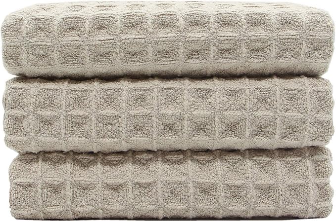 Waffle Weave Absorbent Kitchen Dish Towels - Thick Microfiber 16Inch x 24Inch 3 Pack Khaki
