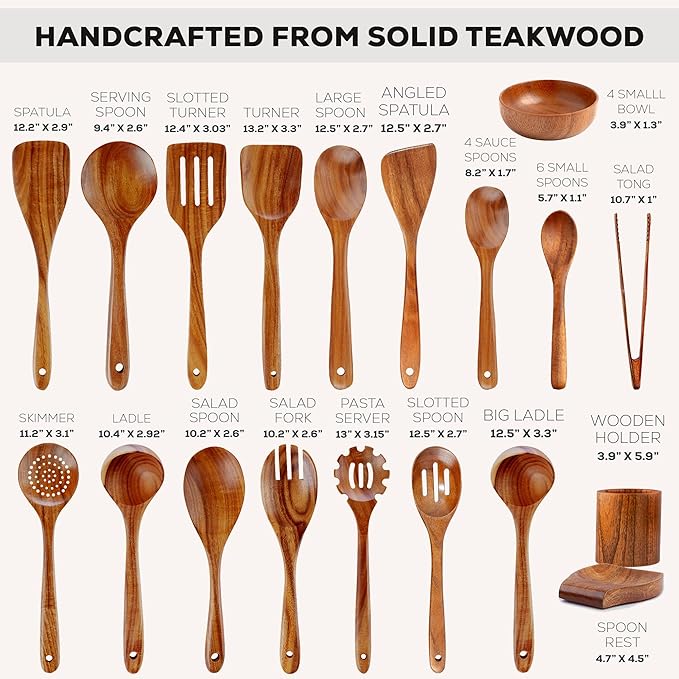 Zulay Kitchen 30-Piece Teak Wooden Utensils - Natural Teak Cooking Utensils with Premium Gift Box - Non-Stick Wooden Spoons - Kitchen Gift Set - Comfortable Grip