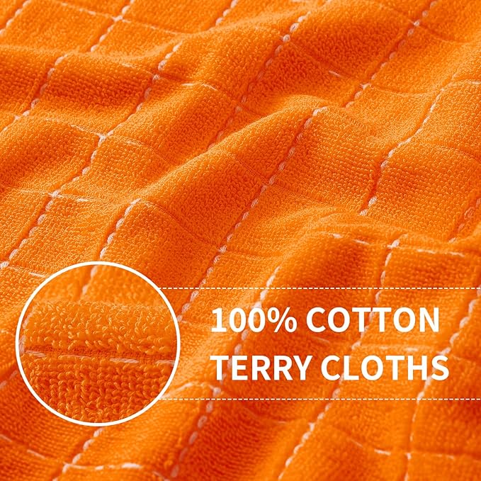 Homaxy 100% Cotton Terry Kitchen Towels(Orange, 13 x 28 inches), Checkered Designed, Soft and Super Absorbent Dish Towels, 4 Pack