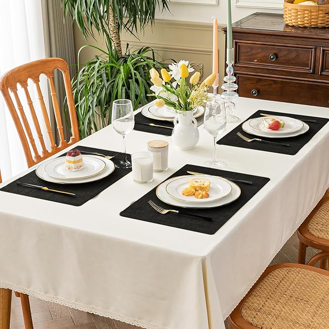 Romanstile Vinyl Placemats Set of 6-12x17 Inch, Reversible Waterproof Washable Non Slip Table Mats, Faux Leather Heat Resistant Wipeable Table Placemats for Dining/Party/Indoor/Outdoor, Black