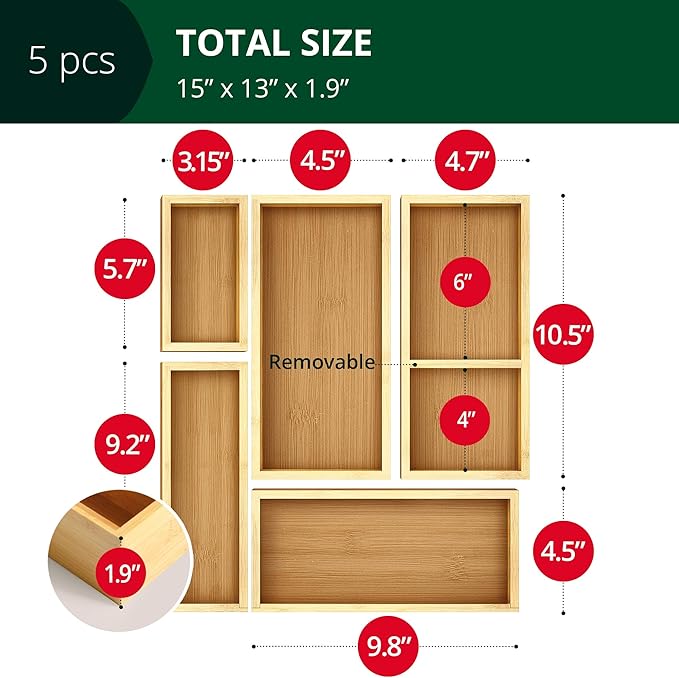 ROYAL CRAFT WOOD Luxury Bamboo Kitchen Drawer Organizer and Storage Box 5pcs Bundle