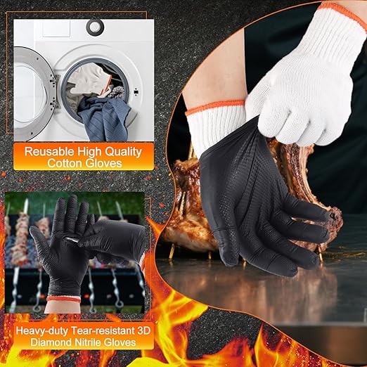 ANBOSON BBQ Gloves for Cooking Baking Grilling, 100 Count Disposable Nitrile Gloves and 4 Count Cotton Glove Liners Washable (10mil Nitrile, X-Large)